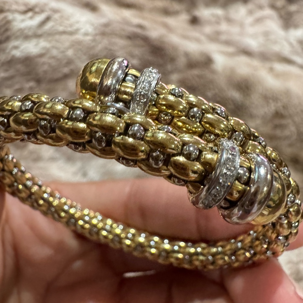 Fope 18K Yellow & White Gold Diamond Mesh Bypass Bracelet Italy 33.25g Fits 6.5”